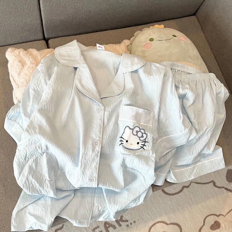 蓝色睡衣女款云朵棉短袖短裤两件套卡通可爱学生休闲家居服详情2