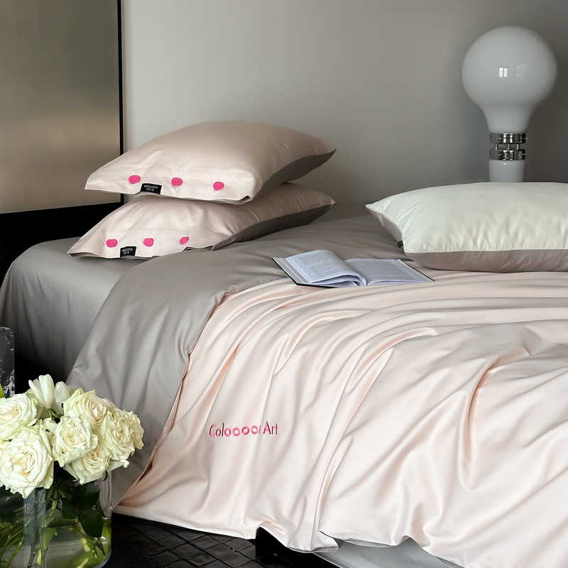Simple, light luxury and fashionable solid-color long-staple cotton four-piece set, pure cotton letter-embroidered duvet cover, double bedding pic 112