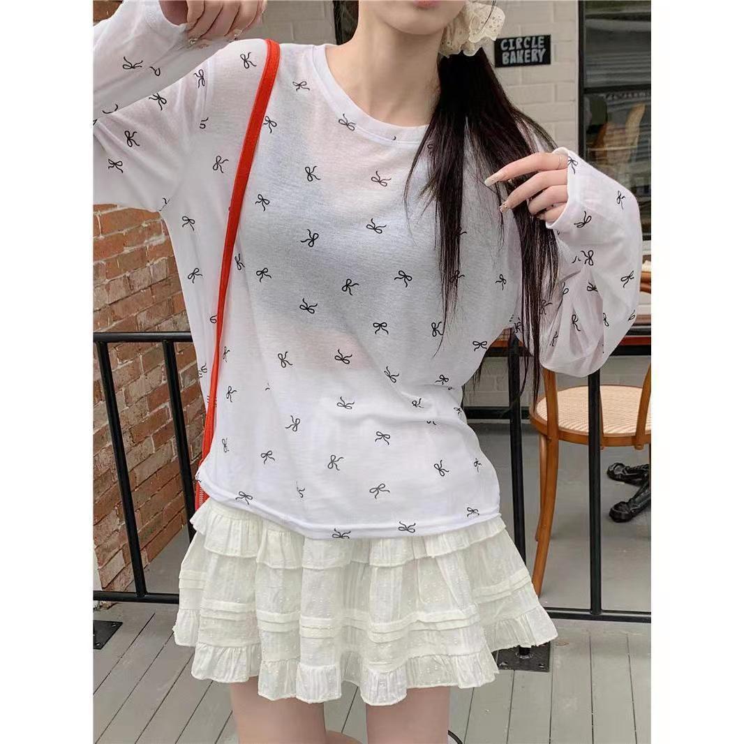 夏薄款精品天丝防晒衣设计感蝴蝶结印花罩衫长袖T恤女装一件代发详情3