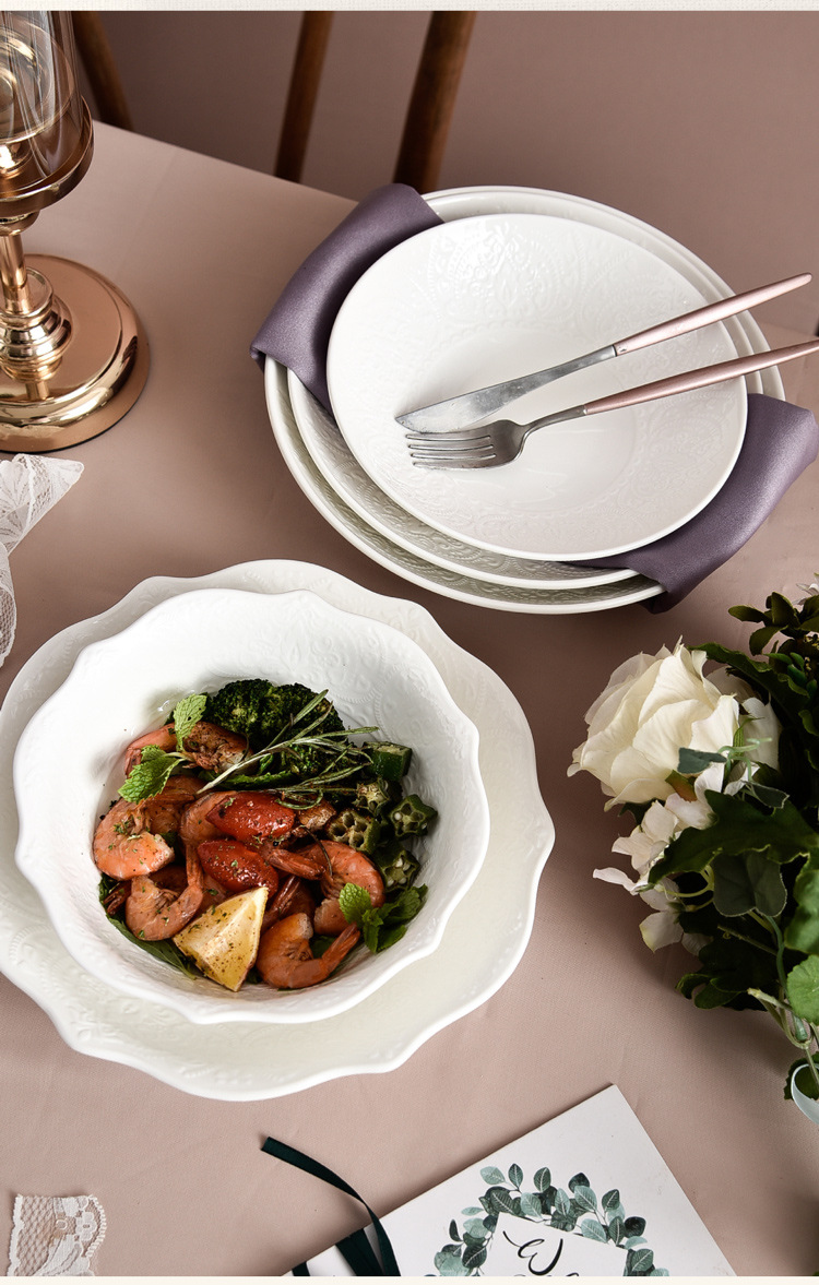 Nordic tableware, solid-color creative lace ceramic bowl, LOGO embossed Western steak plate, round deep plate, for home use pic 5