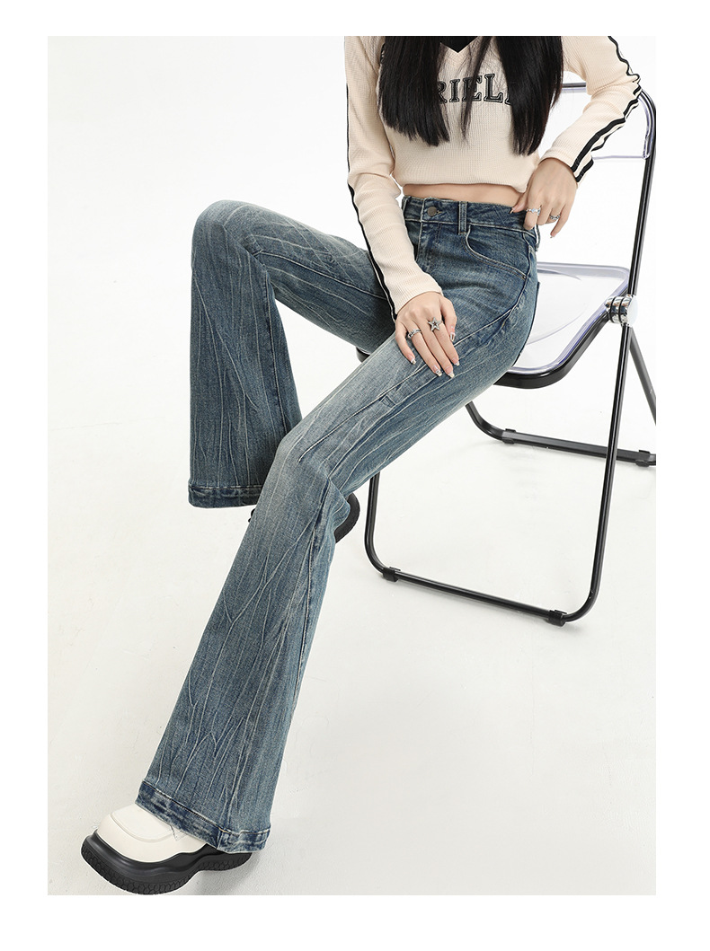 Retro distressed slightly flared jeans for women, new American high-waisted, slimming and form-fitting hoof-shaped pants for spring 2025 pic 14
