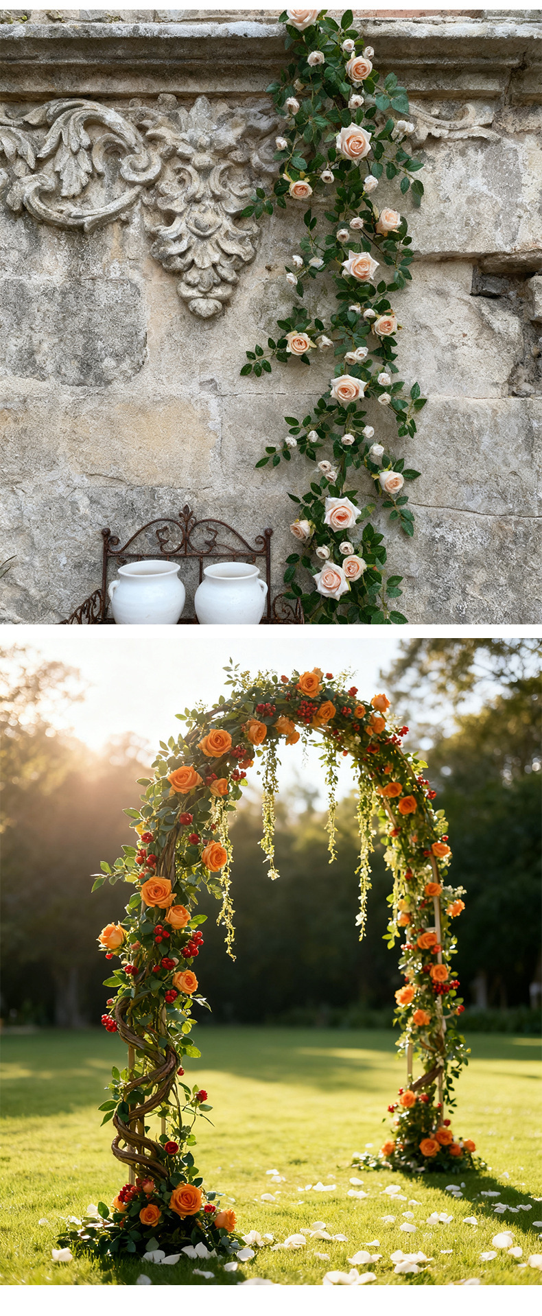 高端仿真玫瑰花藤自然弯曲藤条设计商场会展婚礼背景墙装饰花艺详情12