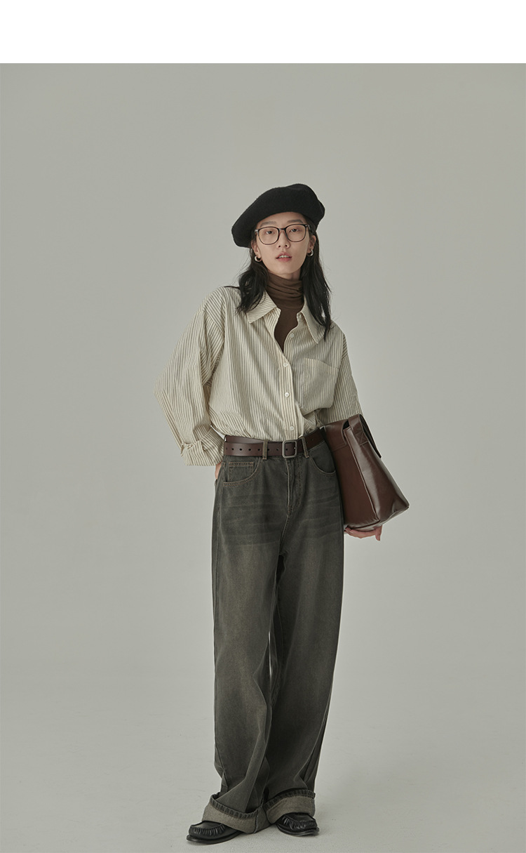 春秋季新款复古港风蓝色条纹衬衫女宽松显瘦通勤叠穿设计感衬衣潮详情26