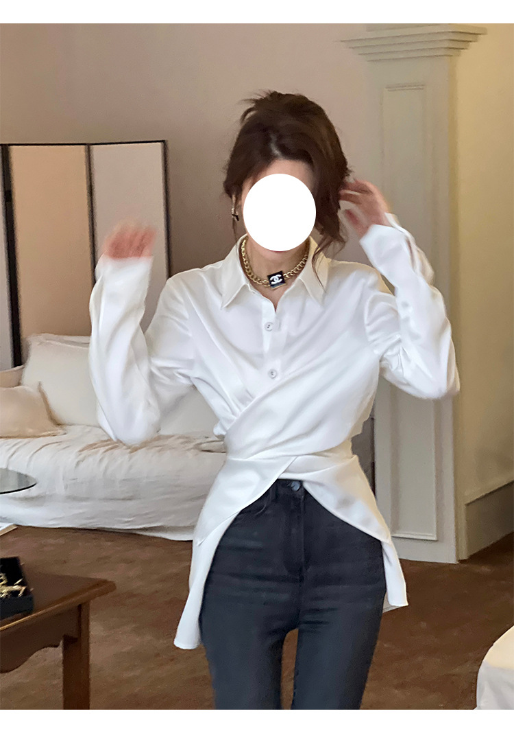 新款缎面白色两穿设计感小众收腰衬衣长袖衬衫女气质百搭上衣女详情3