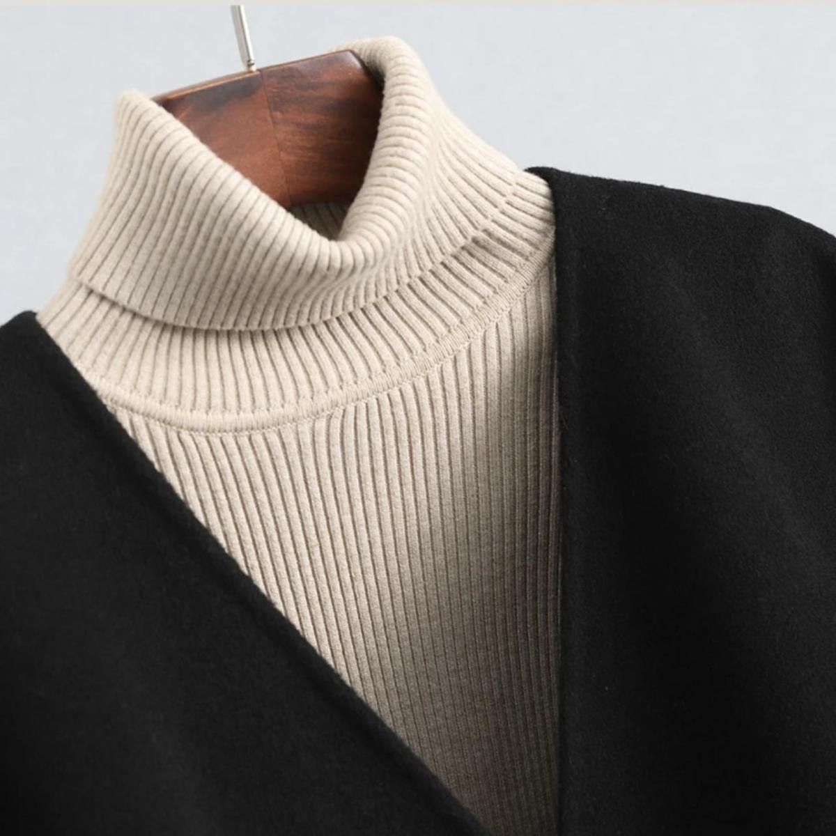 新中式黑色双面毛呢大衣女高气质牛角扣呢子外套2025秋冬新款上衣详情15