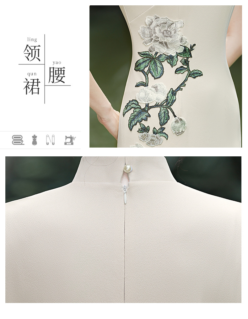 The new national trend cheongsam fashion show performance dress, short-sleeved slimming etiquette figure performance dress, is full of greenery pic 15
