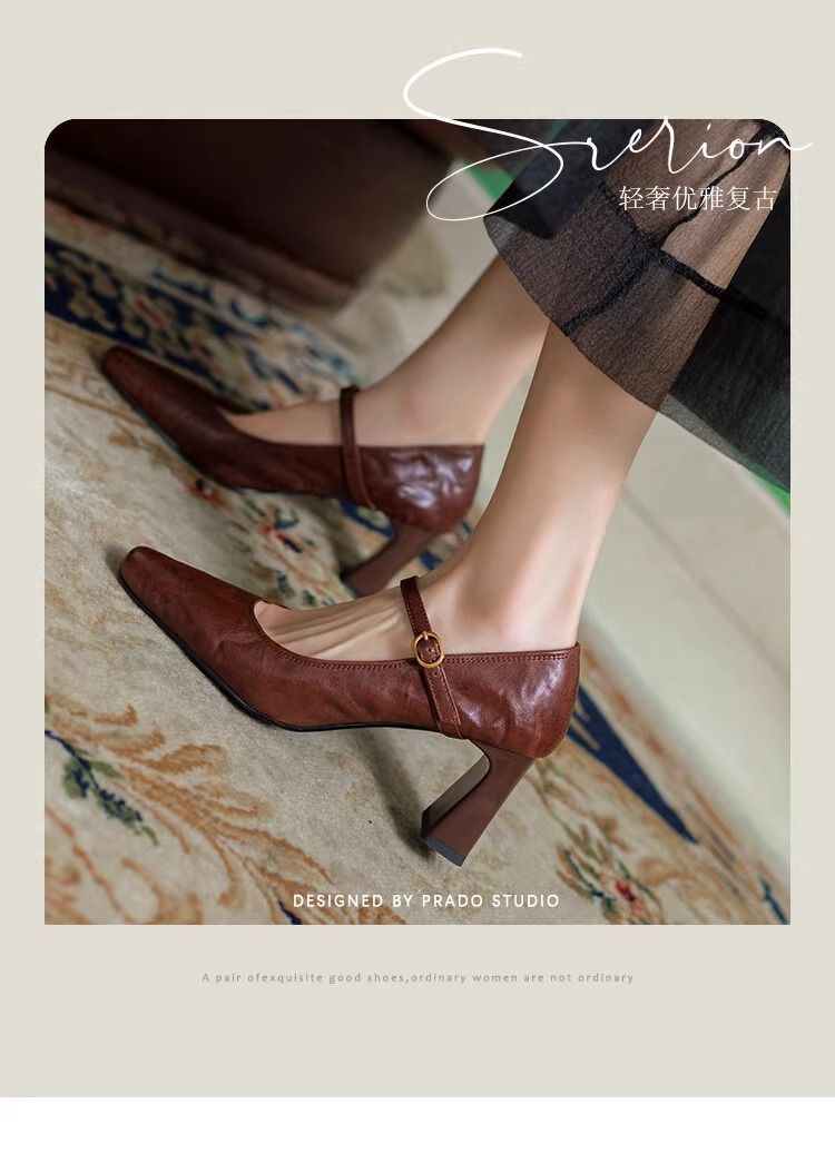 软羊皮黑色高跟鞋2025春秋新款法式复古粗跟一字带玛丽珍鞋女单鞋详情3