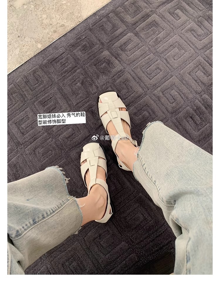 葡萄妈同款~罗马风编织设计方头镂空包头软面小粗跟凉鞋女夏详情10