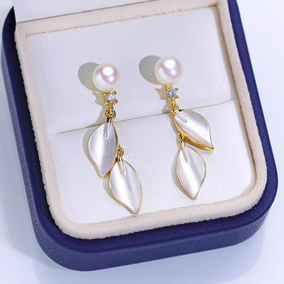 天然珍珠小众设计高级感耳环流苏法式气质温柔风树叶修脸形耳钉详情1