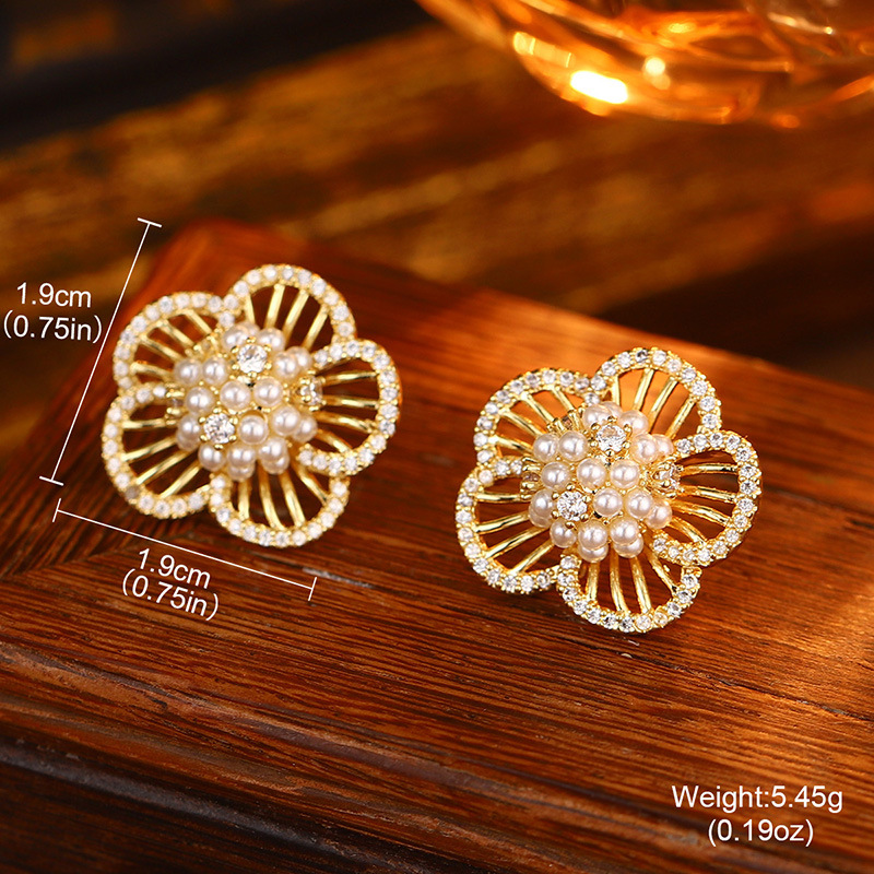 S925银针天然珍珠锆石耳钉花朵流苏多层耳环高级耳饰批发抖音爆款详情45