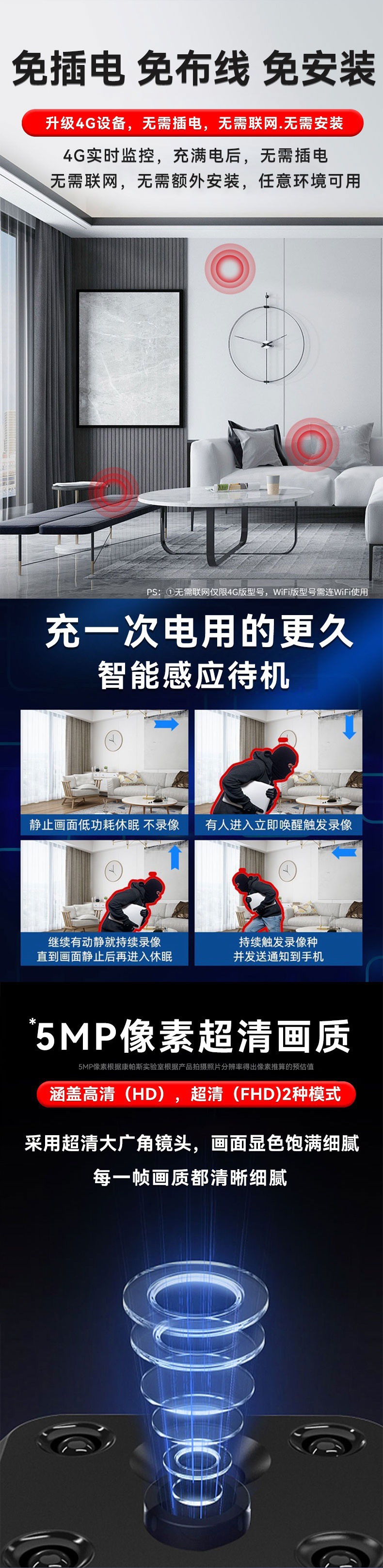 家用超清无死角摄像头无线监控可连手机远程度无死角免插电室内猫详情4