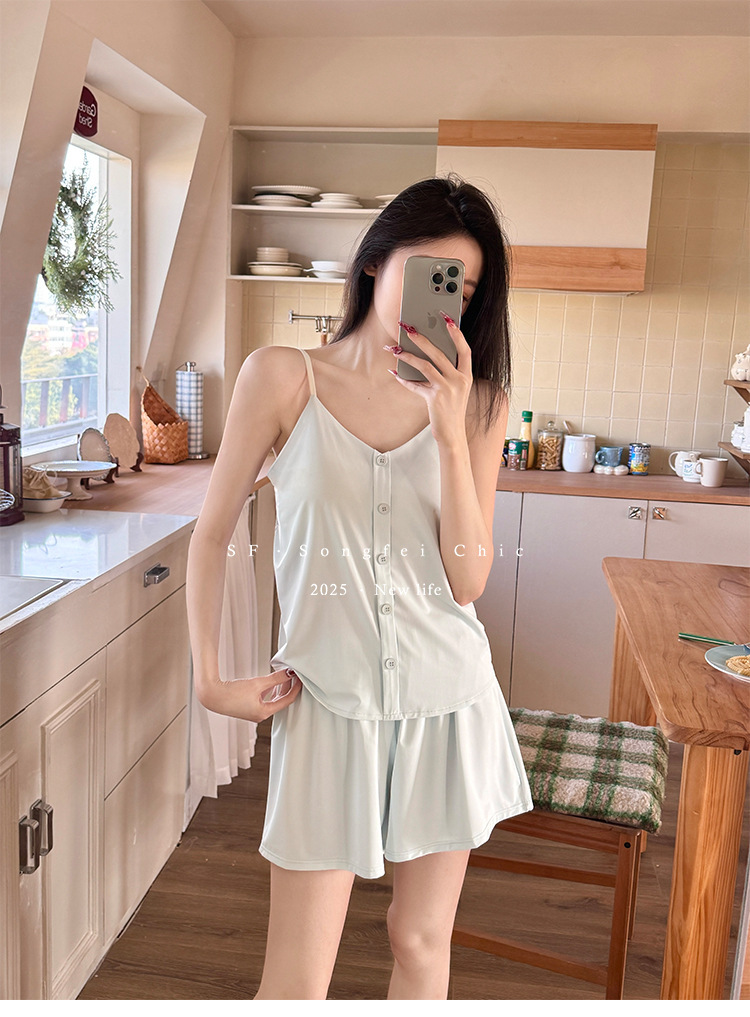 New adjustable set with ice silk in the original color, ice skin chest pad, home wear, buttons, summer halter top and shorts for sleep pic 25