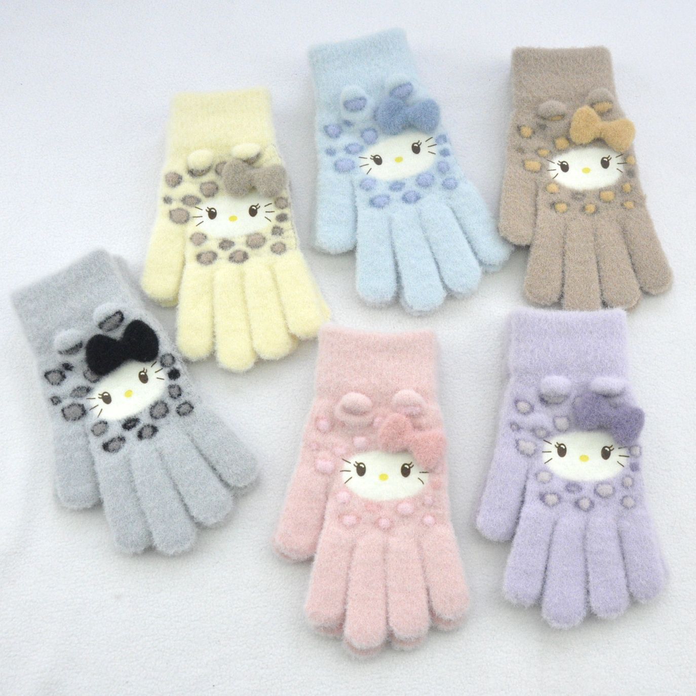 新款 加绒加厚女士可爱小猫咪提花针织手套骑车防风学生触屏手套详情25