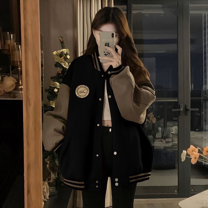 慵懒风棒球服外套女秋冬季加绒加厚复古宽松休闲开衫卫衣ins潮详情6