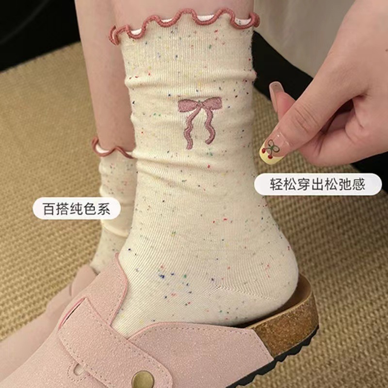 袜子女秋冬点子纱木耳边吸汗可爱百搭花边蝴蝶结图案中筒袜子工厂详情15