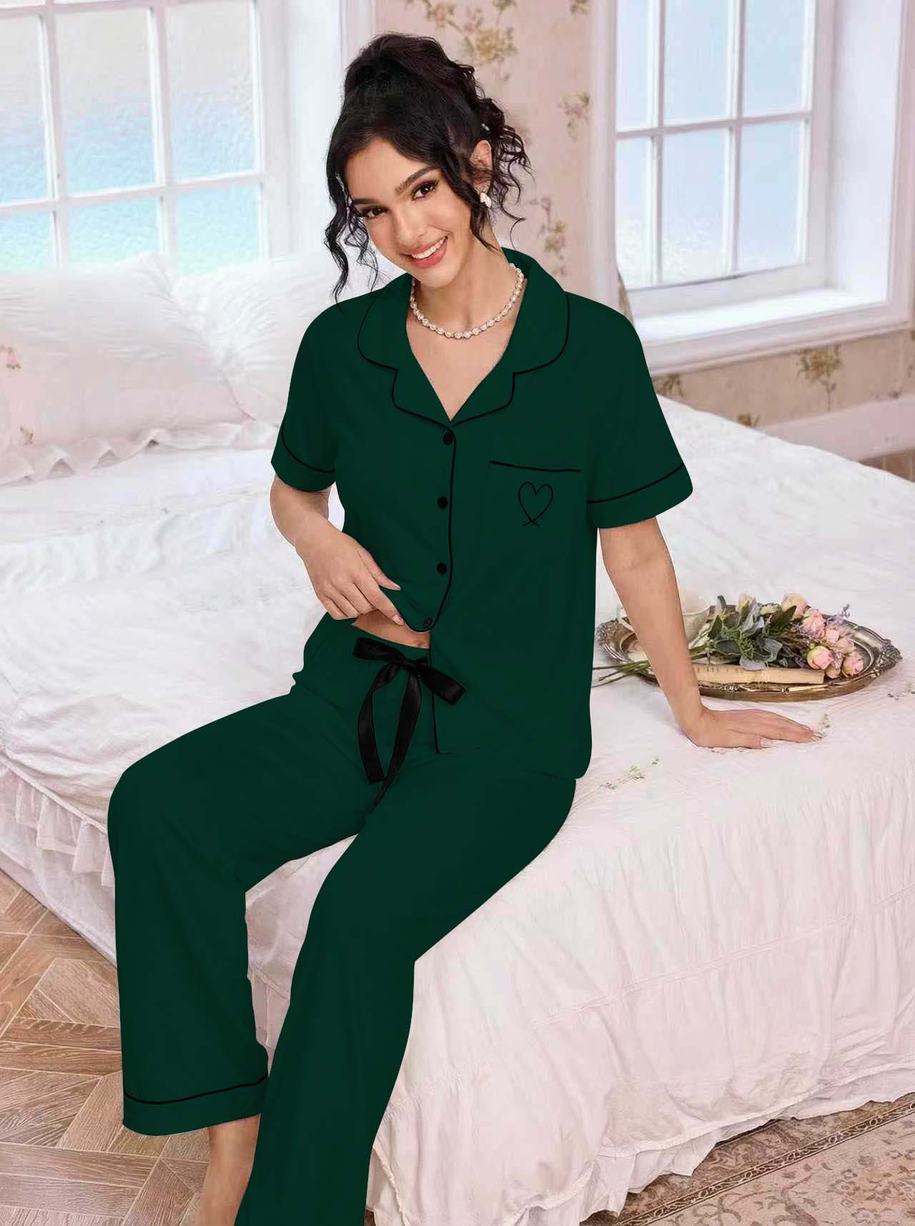 亚马逊欧美家居服套装翻领开衫短袖长裤爱心绣花睡衣女外贸独立站详情37