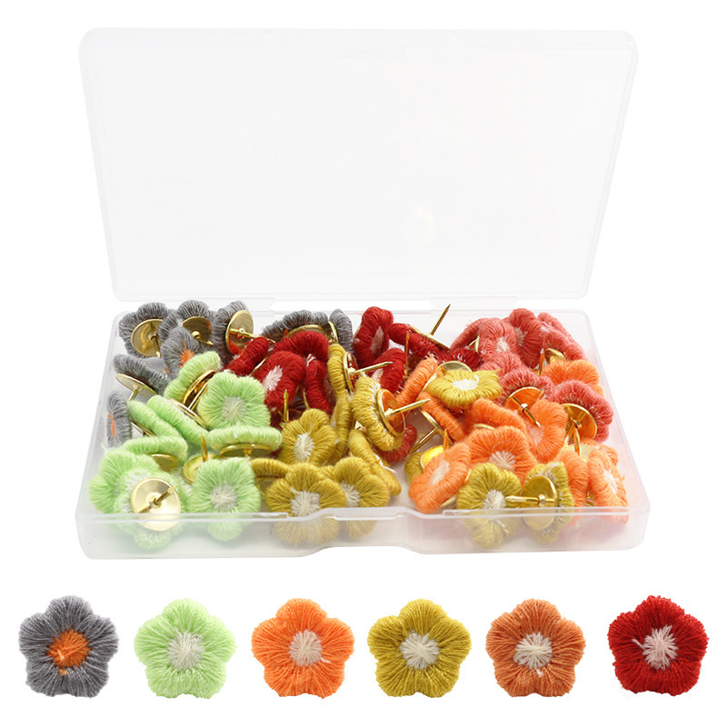 Creative and cute embroidered colorful flowers, 60 dark/light I-shaped nails, plastic box set, metal flat-head nails pic 3