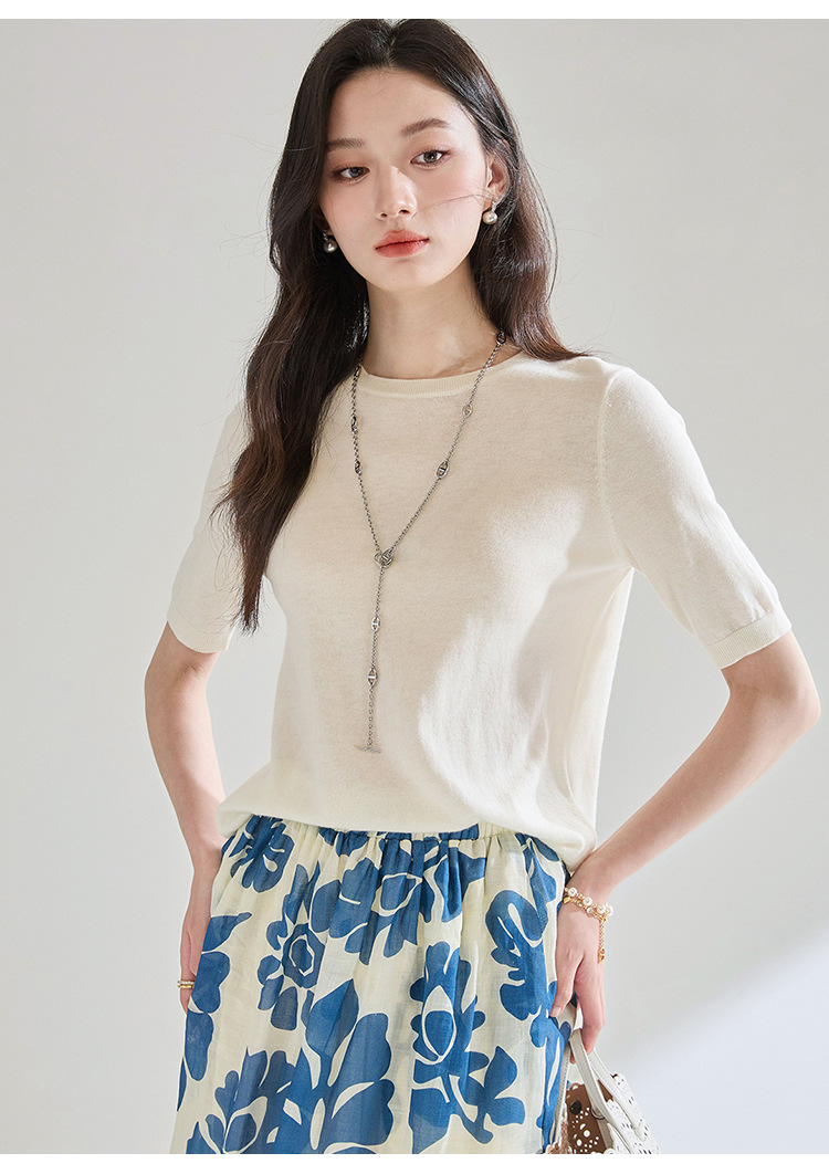 Summer 100% wool short-sleeved round-neck base knitted sweater for women, loose and elegant, versatile T-shirt and sweater 25252 pic 12