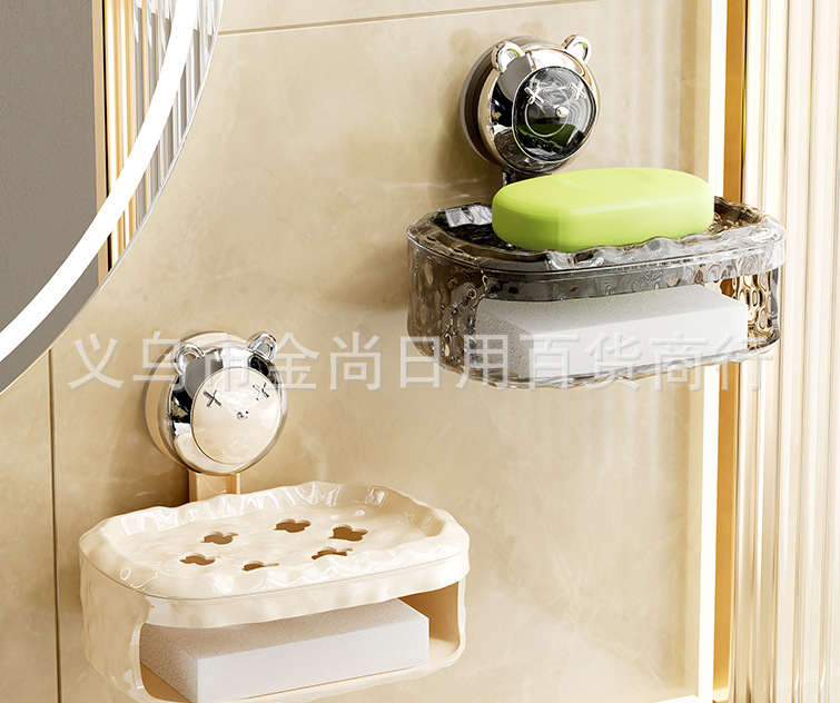 Little Bear suction cup soap box, non-drilling, wall-mounted, high-end household bathroom wall-mounted storage rack, double-layer soap box pic 4