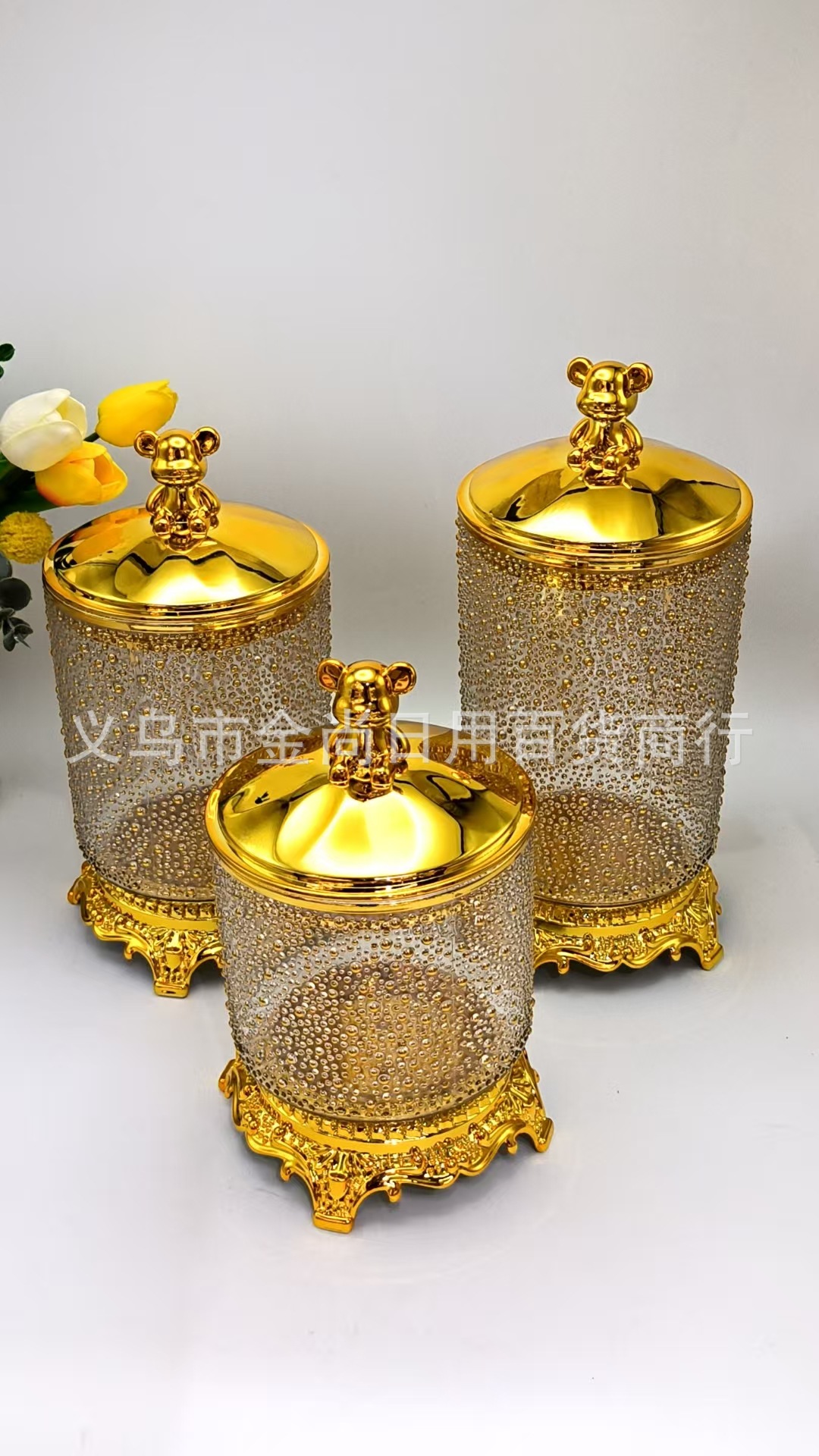 Plastic bear lid, round rice beads, gold edge, round stand, storage tank, kitchen rice storage tank with color box pic 1