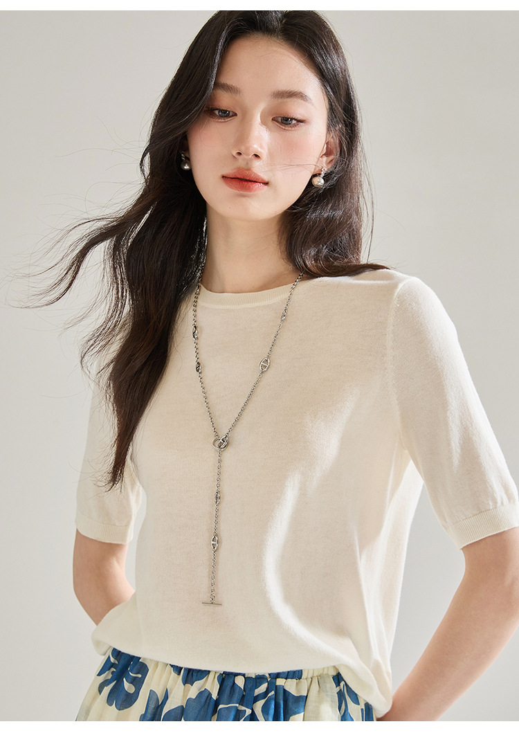 Summer 100% wool short-sleeved round-neck base knitted sweater for women, loose and elegant, versatile T-shirt and sweater 25252 pic 14