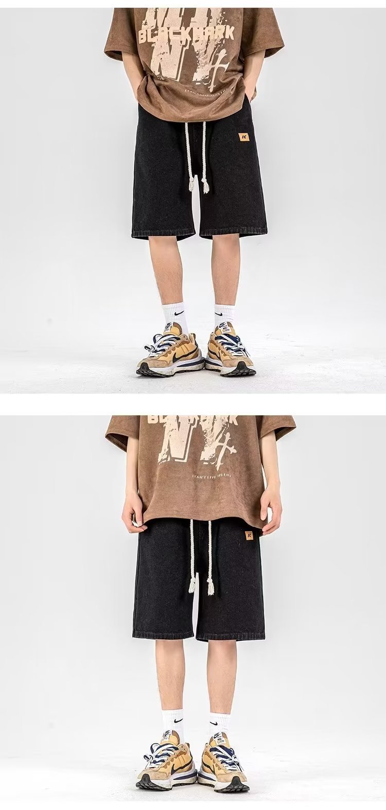 FUIV 夏季港风大码贴标牛仔裤短裤嘻哈ins潮男外贸宽松情侣五分裤 pic 13