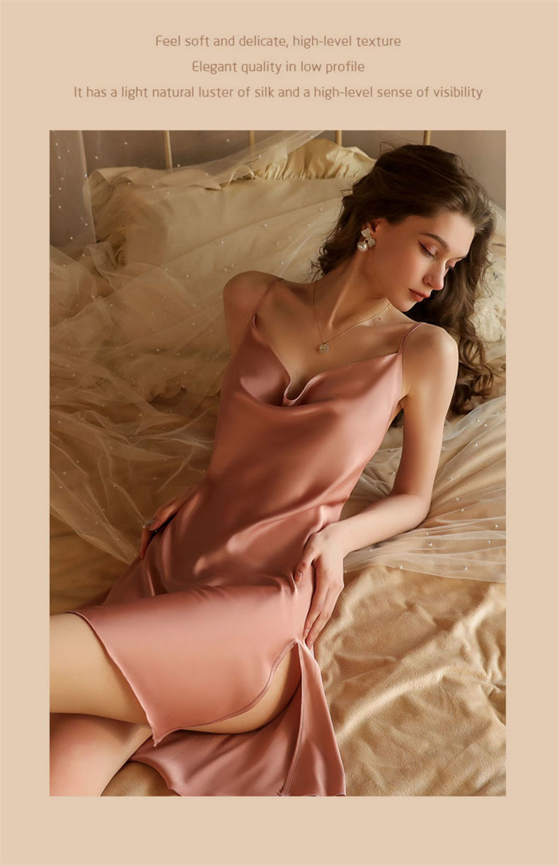 源头厂家女夏季性感冰丝绸睡裙仿真丝吊带开叉荡领睡衣薄款家居服详情3
