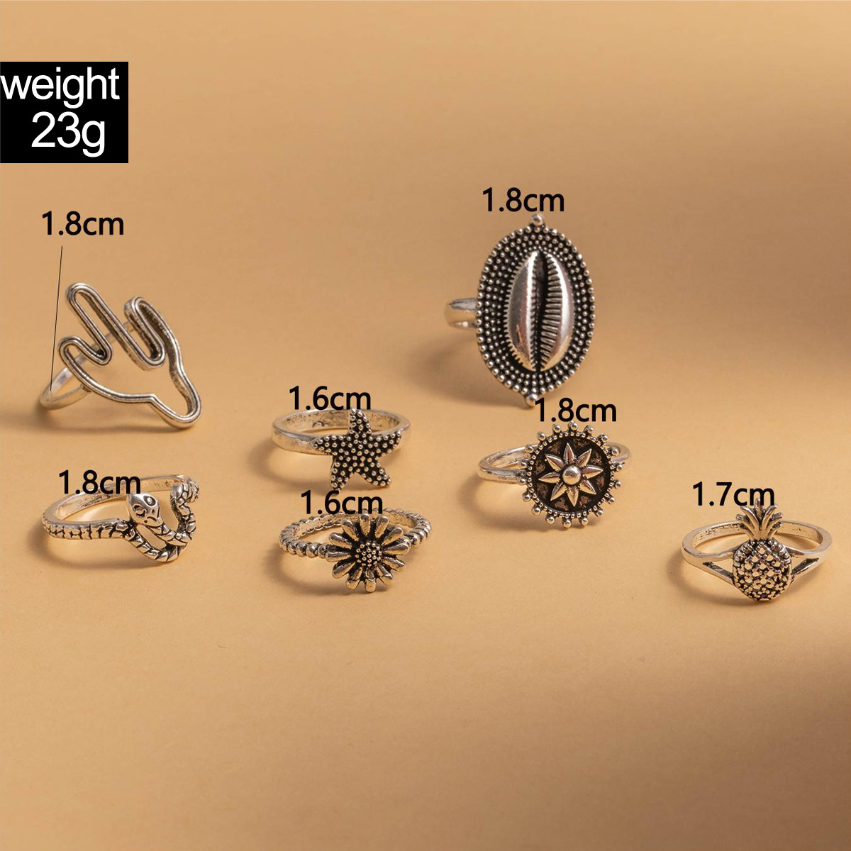 欧美跨境波西米亚海星扇贝戒指 沙滩风椰树蝴蝶雕花复古戒指套装详情9