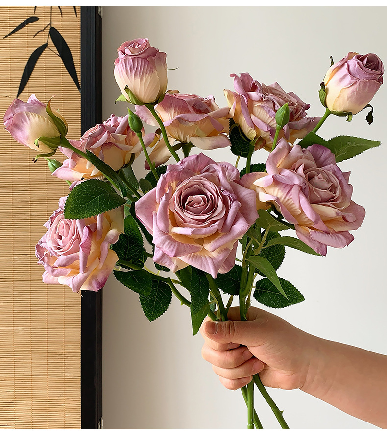 法式油画焦边3头玫瑰花仿真花干花假花花束摆设客厅装饰拍照道具详情17