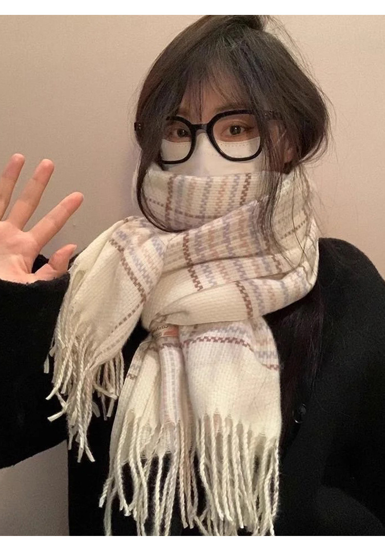 秋冬新款韩系氛围感白色围巾仿羊绒格子针织保暖披肩高版女士批发详情8