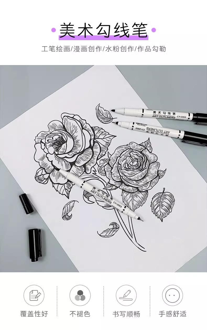 Marker pen, outlining pen, art special, black double-headed outlining, quick-drying, waterproof, no color fading, waterproof, quick-drying pic 1