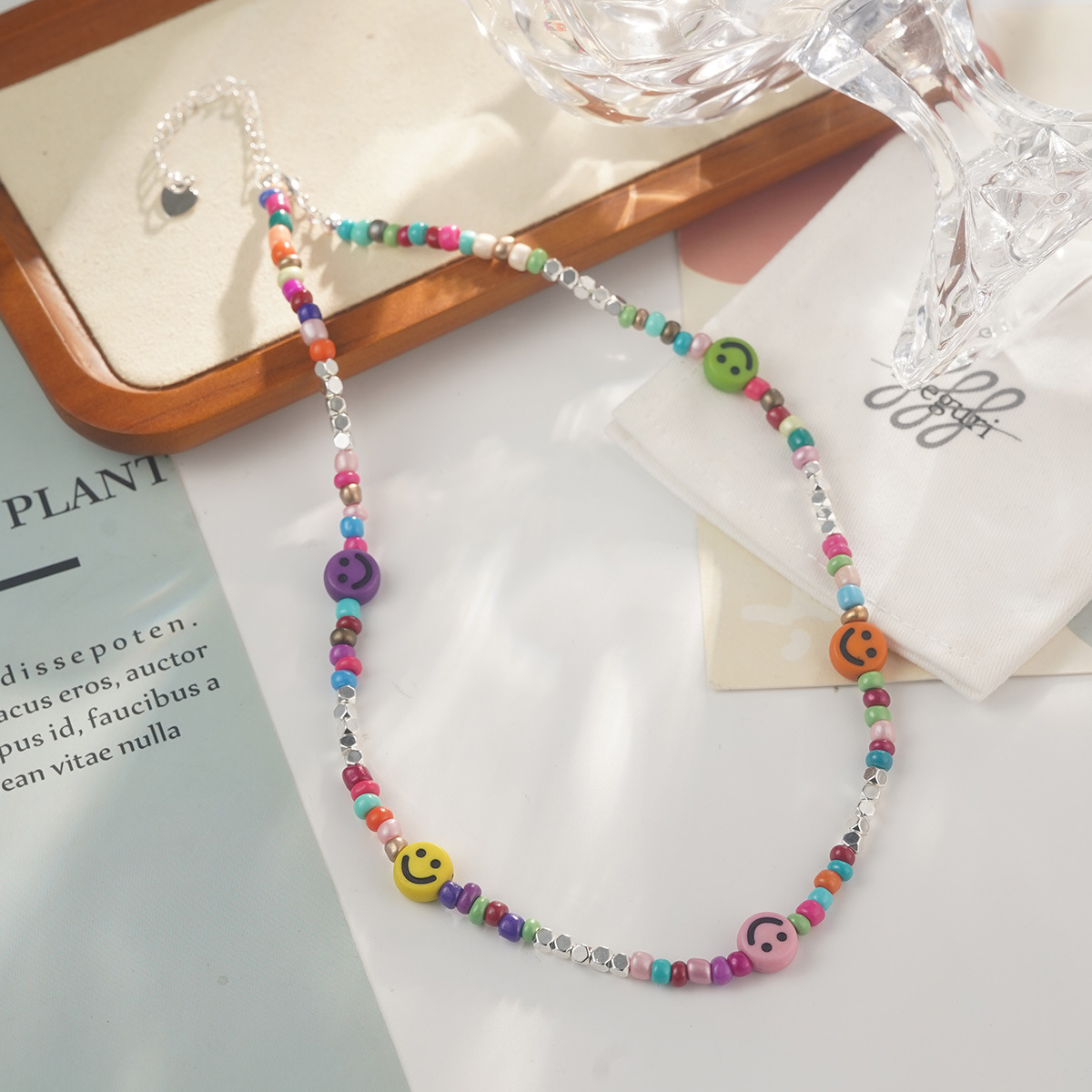 Candy-colored heart-shaped beaded necklace, summer dopamine smiling face heart-shaped collarbone chain, colorful color-blocking niche sweater chain pic 24