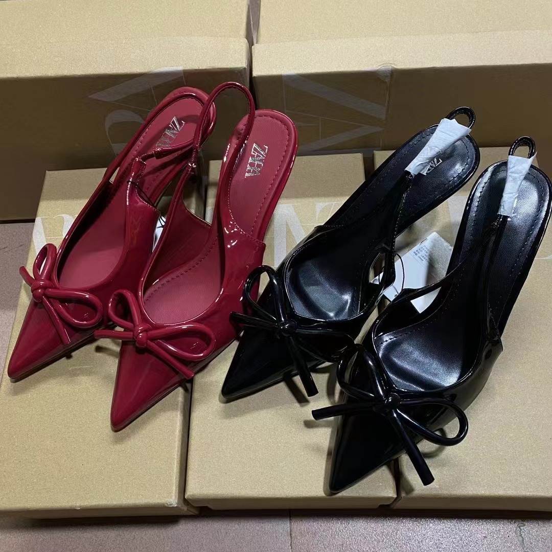 ZA2024新品上新黑色漆皮蝴蝶结女鞋时尚尖头细跟后绊带凉高跟鞋女详情3