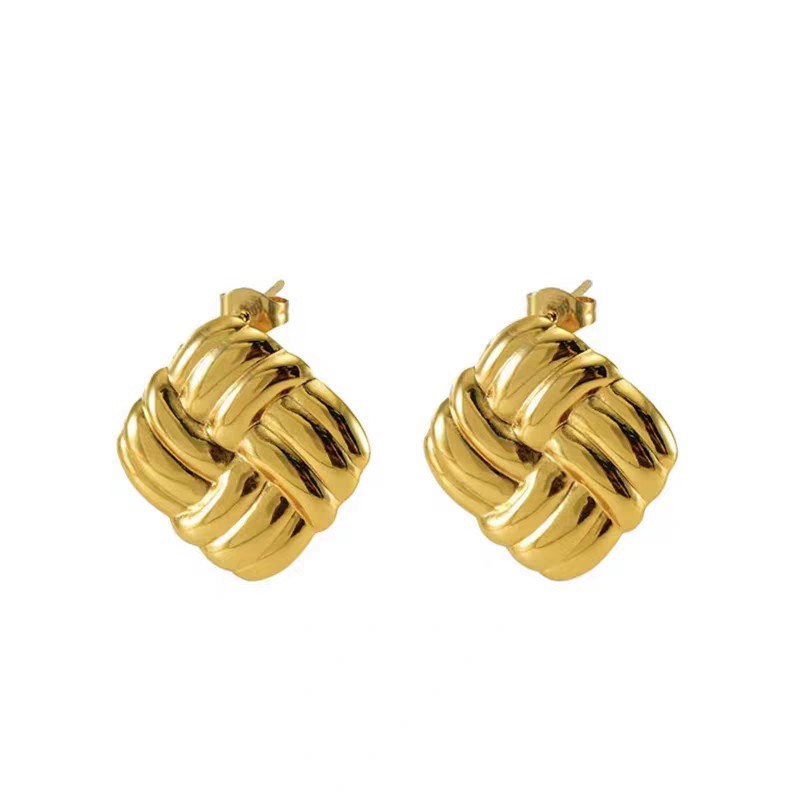 Factory wholesale stainless steel earrings, 18k real gold electroplated titanium steel retro embossed square bread hollow earrings pic 15