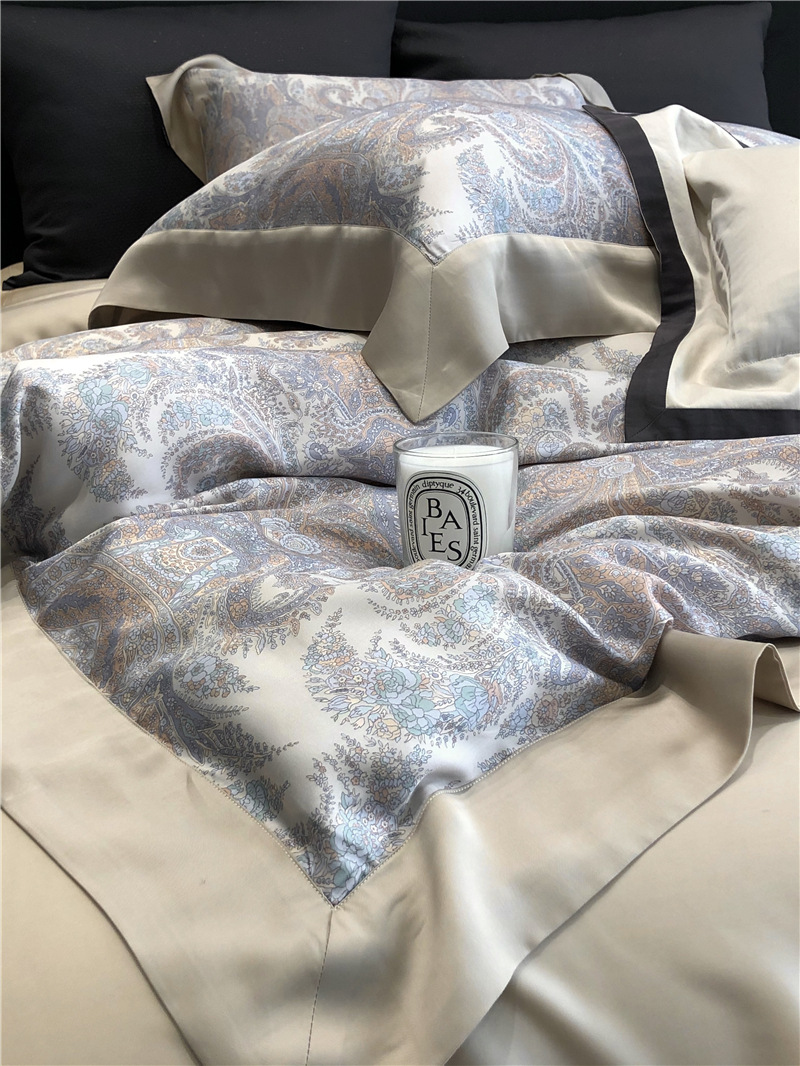 Cool ultra-fine denier Tencel summer light and cool condensation filament four-piece set, elegant printed sweat-absorbing nude bedding pic 27