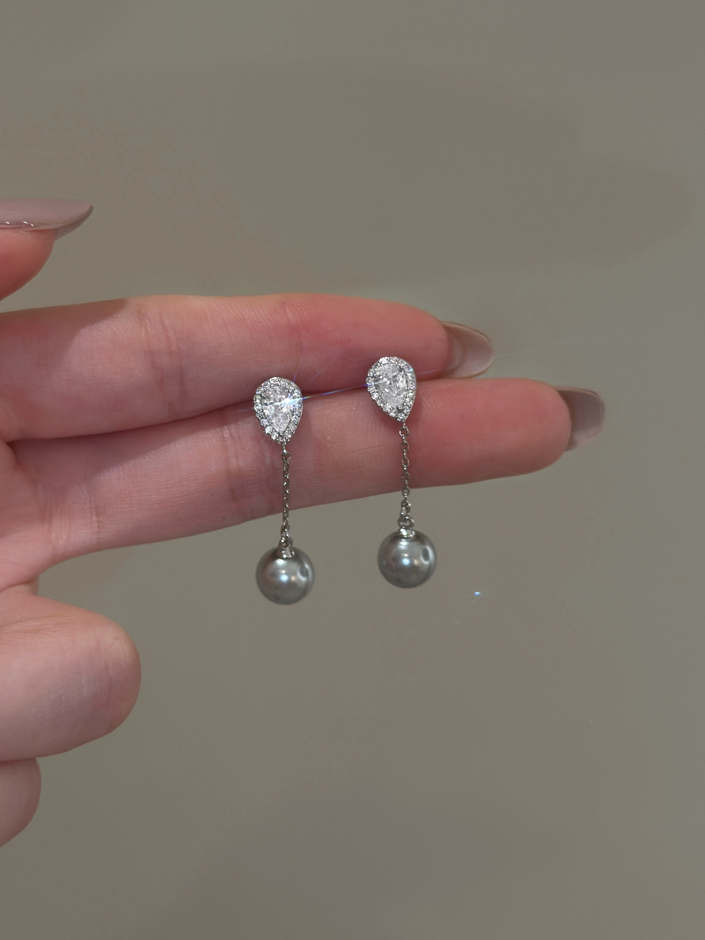 银针轻奢锆石水滴珍珠款流苏耳钉法式气质百搭耳环简约高级感耳饰详情5