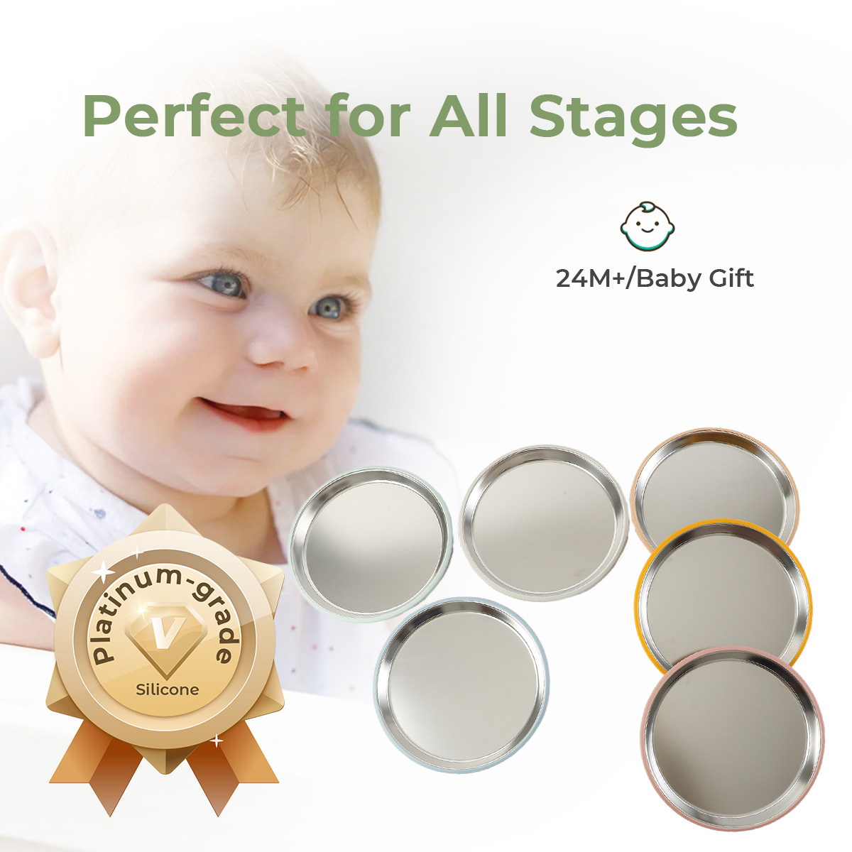 跨境热销不锈钢餐盘硅胶防滑吸盘套无分格隔热儿童喂养餐具餐盘详情4