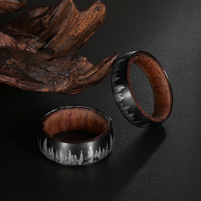 欧美跨境北美森林系钛钢戒指 镭射森林狼 高密度梨木实木内圈戒指详情4