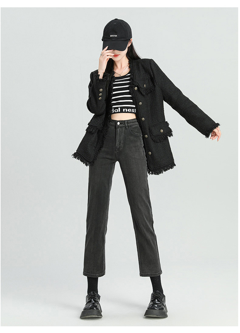 爆款超柔高腰小直筒牛仔裤女2024春季弹力黑色修身窄版烟管法棍裤详情29