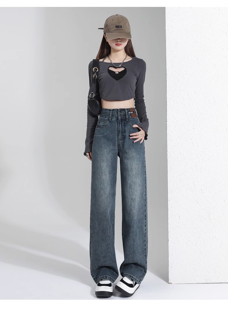 Cement grey narrow wide-leg jeans for women in summer, large size, high waist, loose and slimming, floor-length straight-leg pants for petite ladies pic 18