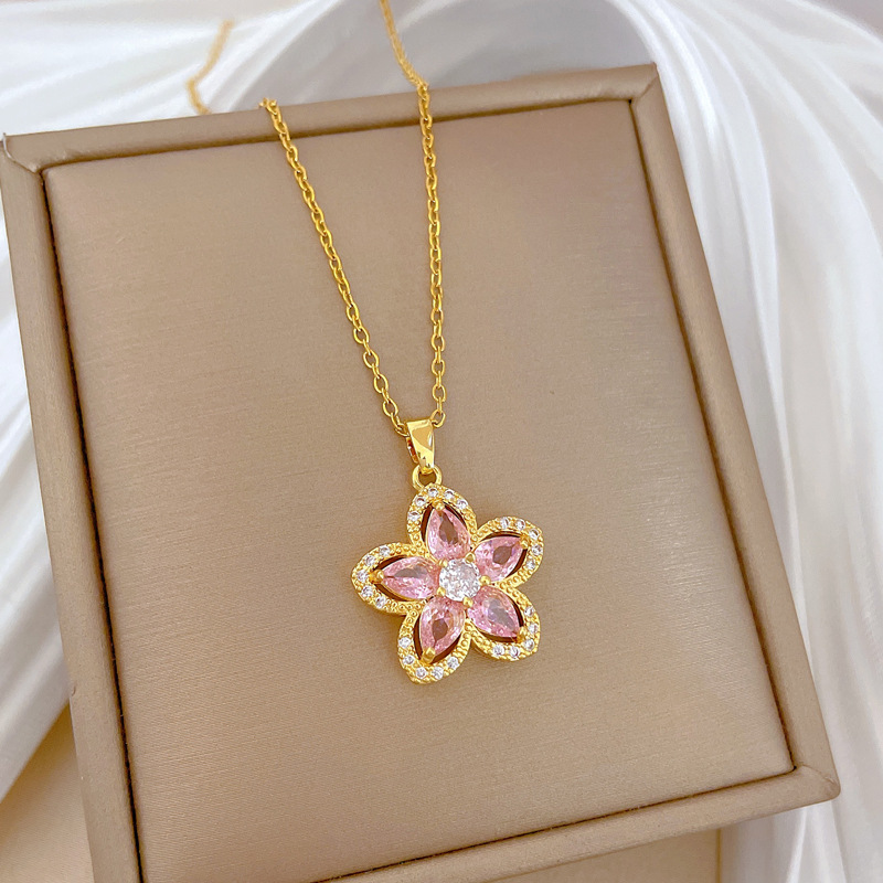 【钛钢】粉色五瓣花满钻轻奢气质华丽满钻项链女百搭锁骨链钛钢详情12