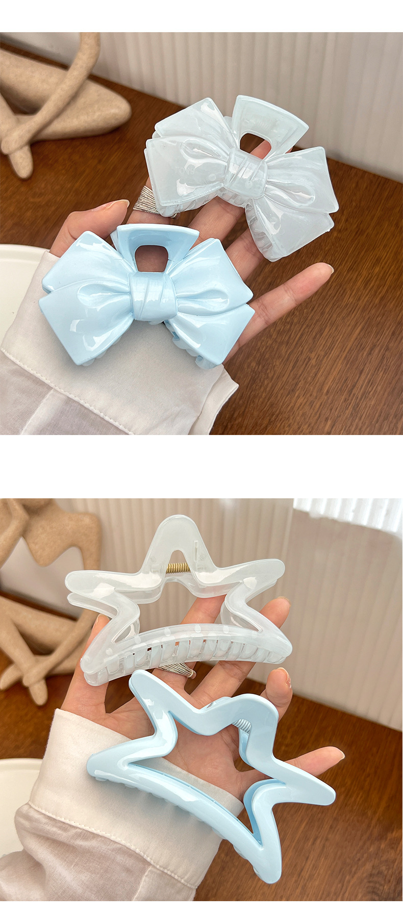 The ice-clear mint blue grab clip is super ethereal and sweet for a girl. The bow, five-pointed star shark clip, and cream blue hair accessory for a girl pic 7