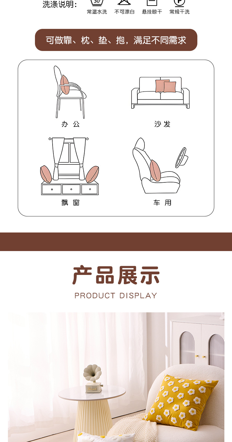 新款跨境小雏菊毛巾刺绣抱枕套床头靠垫沙发车客厅靠枕背腰可含芯详情7