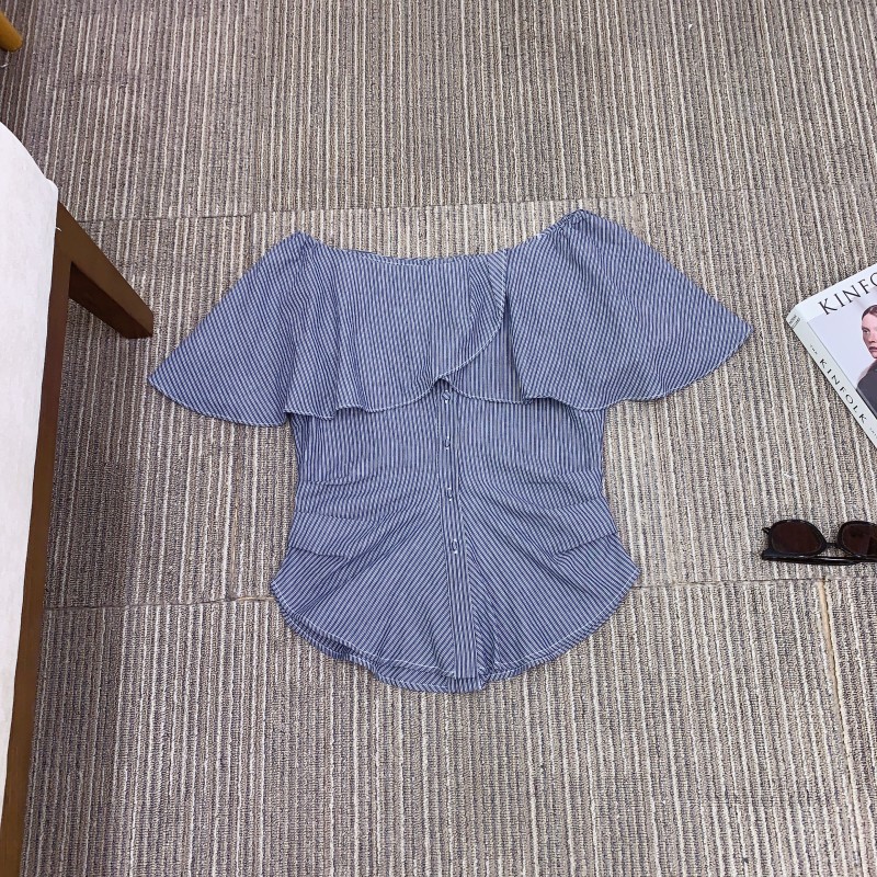 现货UNSP一字肩花边条纹短袖衬衫女2025夏季新款气质收腰显瘦上衣详情6