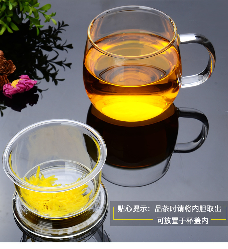 High borosilicate heat-resistant glass cups, covered filter water cups, flower tea cups, transparent round fun tea brewing cups, three-piece cups for office use pic 8