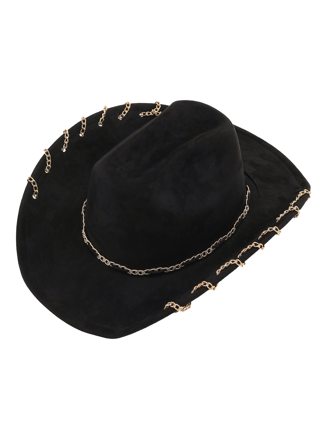 Cross-border trendy suede top hat, heavy metal chain accessory, denim wide-brimmed retro jazz hat, unisex pic 3