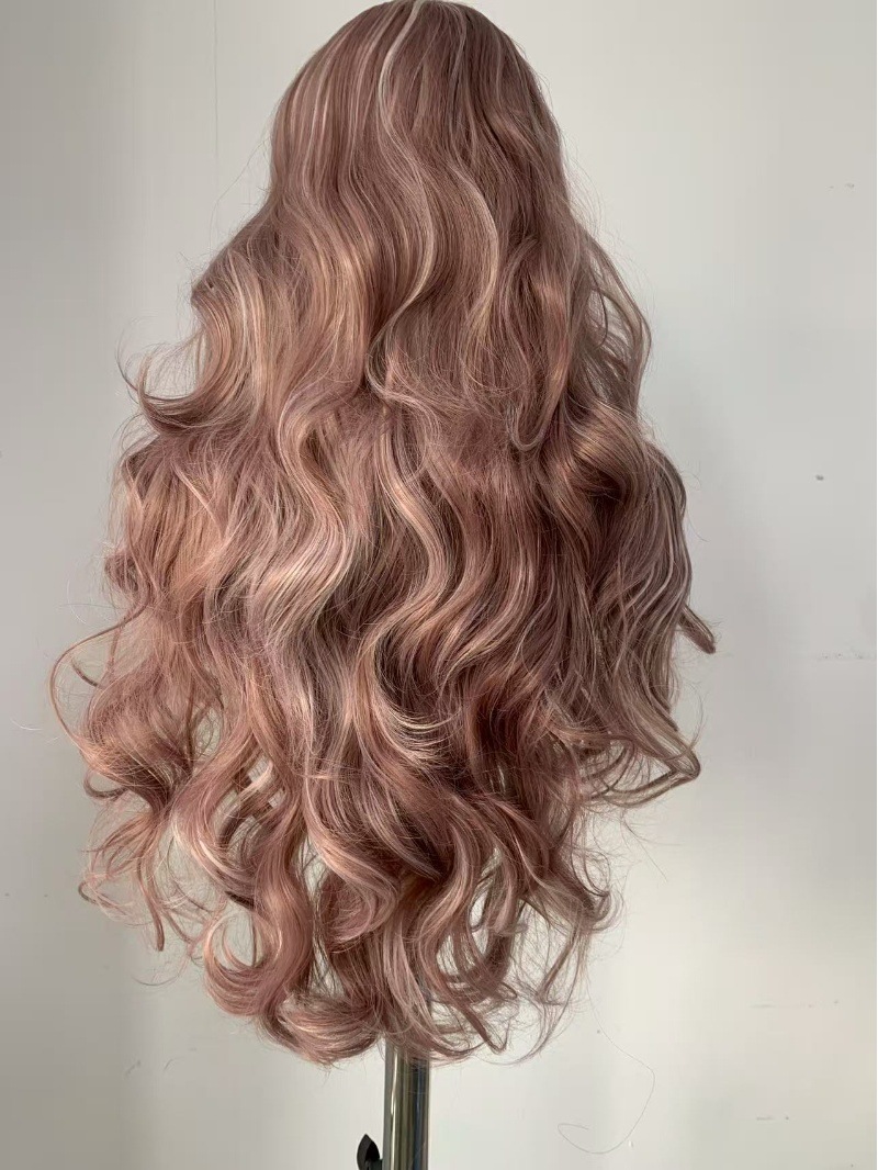 This is a popular full-length wig in Europe and America. It features a pink, fluffy, big wavy simulation, long curly hair, and is made of synthetic fiber, with a lace forehead and medium-length hair pic 4