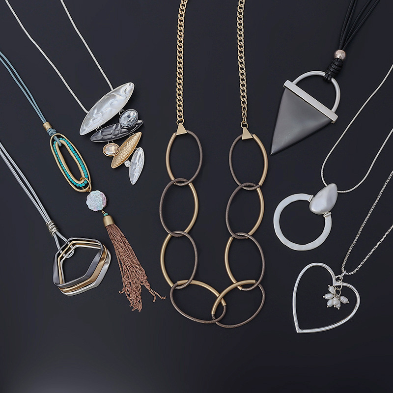 跨境亚马逊新款项链欧美复古长款项链几何撞色吊坠合金女士毛衣链详情10