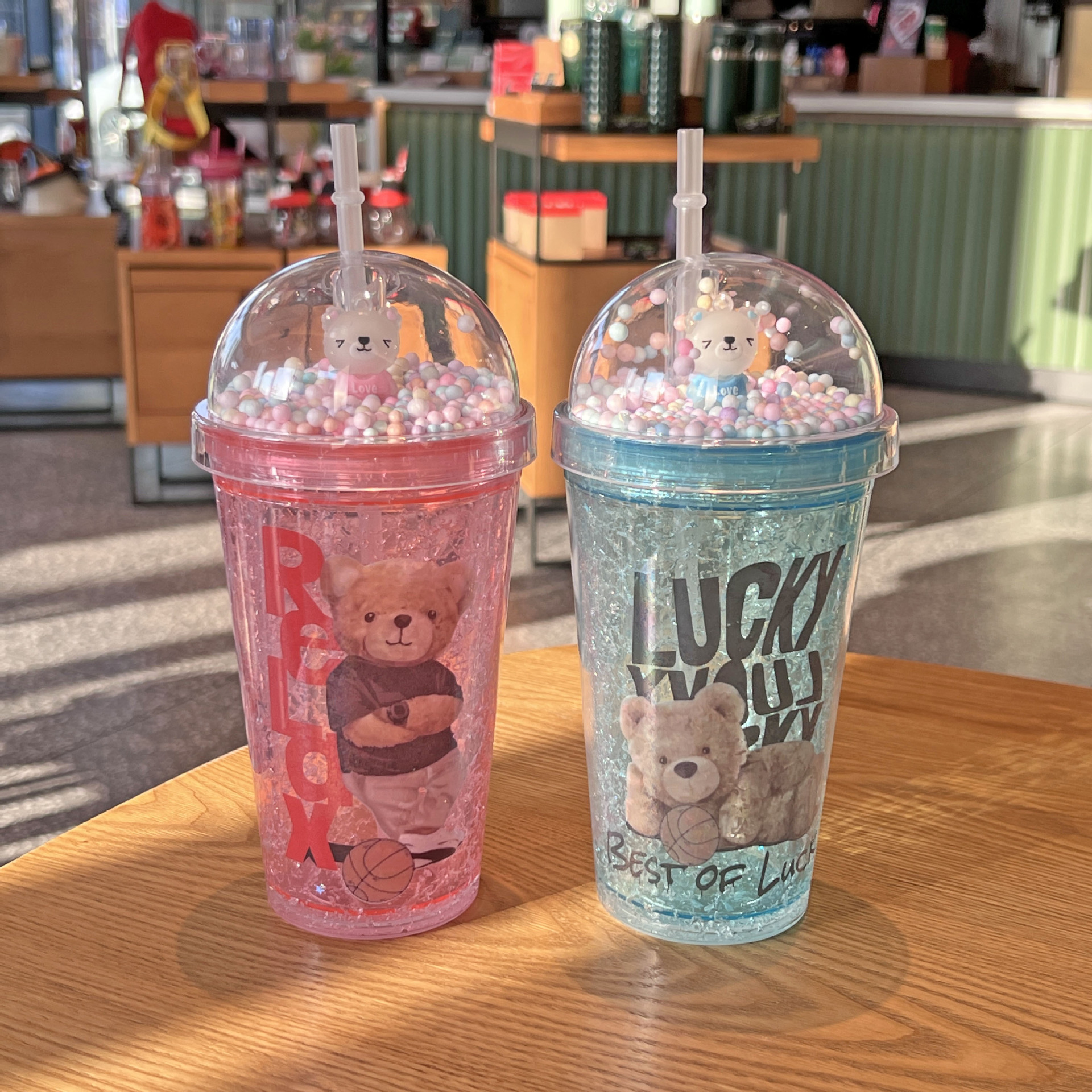 跨境新款卡通小熊杯双层塑料水杯可爱儿童便携高颜值吸管杯碎冰杯详情9