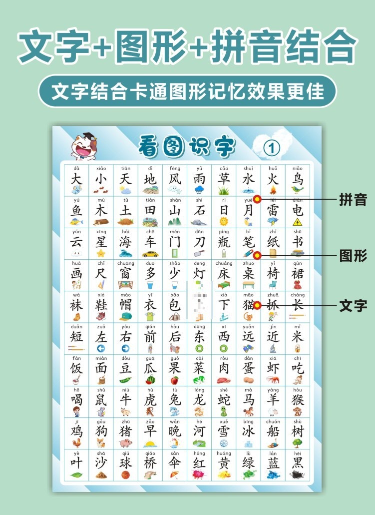 看图识字挂图幼儿园小孩启蒙早教认字汉字表学习神器墙贴大全批发详情2